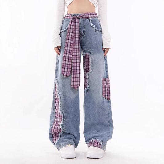 Women jeans women's spring autumlooseplaid patch