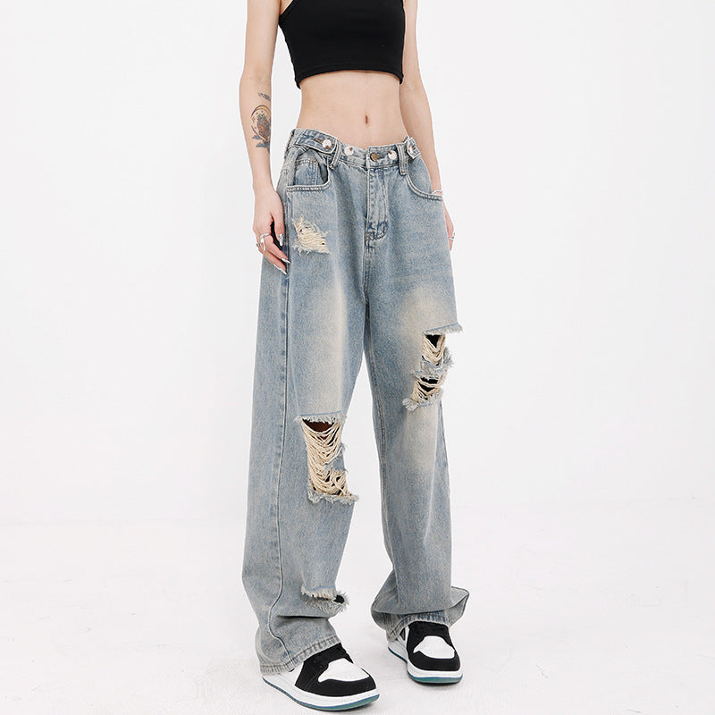 Women jeans retro ripped summerloose