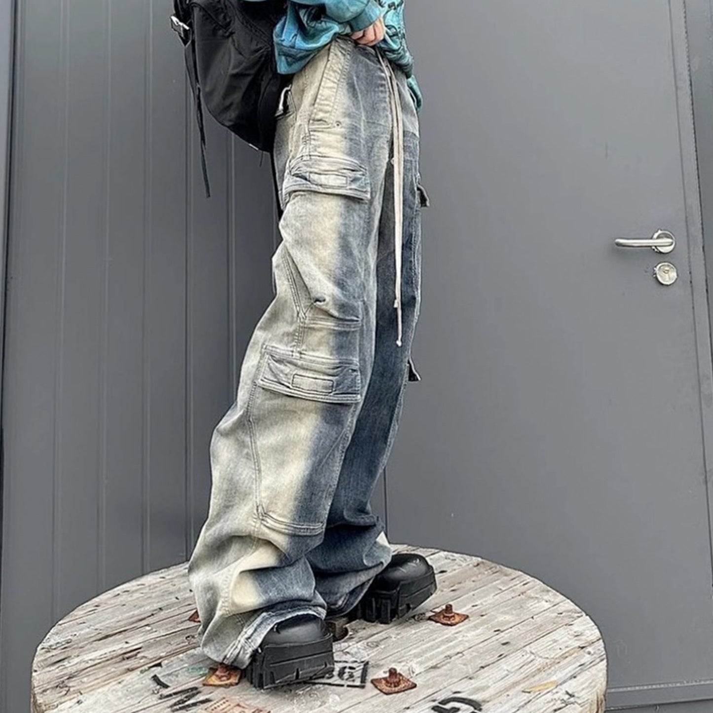 MIJKO Men's Vintage Pants MIJKO Men's and Women's Trousers Washed Wide Leg Color-Changing Jeans