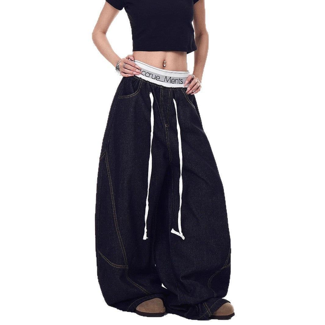 Women Jeans Washed Denim Scimitar Pants Summer Loose, Casual Hip Hop Wide Leg Pants