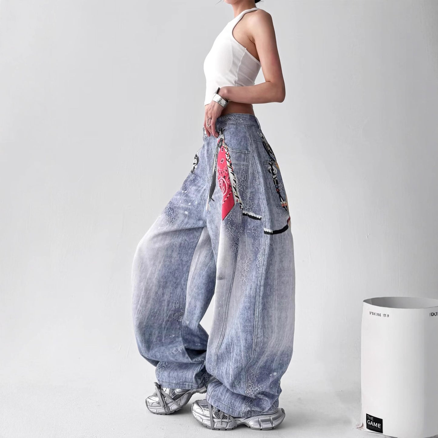 Women jeans retro wash print jeans hip hop slacks