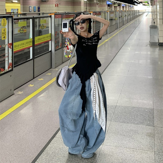 Women jeans [free square scarf pendant] retro summer versatile