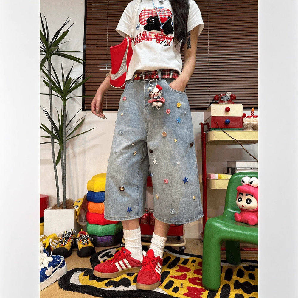 Women's Jeans Straight Pants Washed Shorts