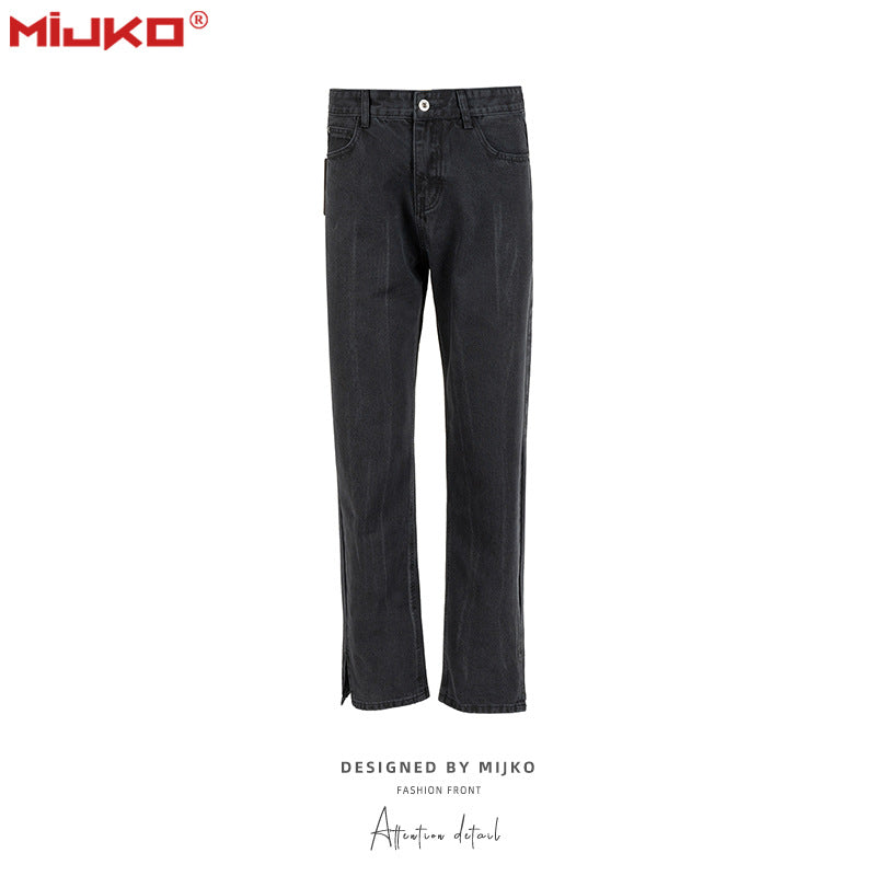 MIJKO Mens Vintage Pants Straight Ripped Split Jeans