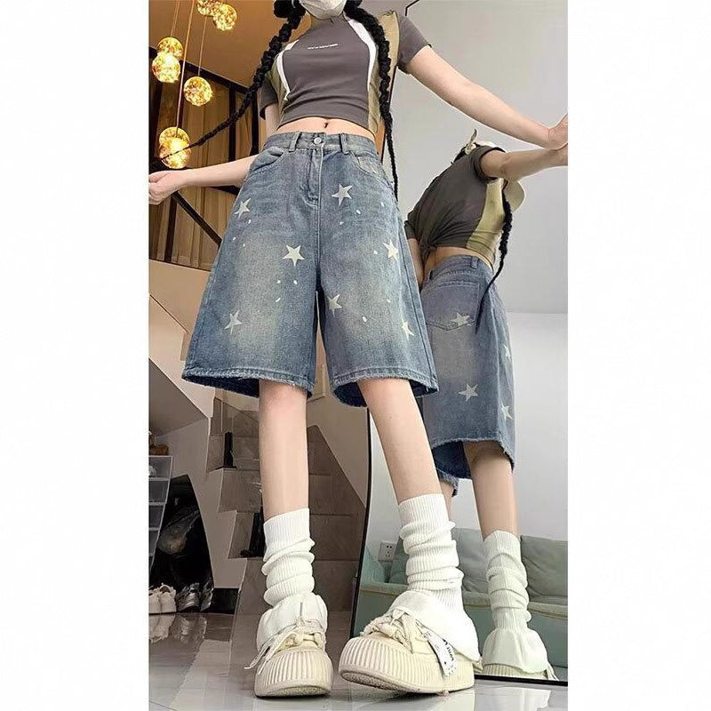 Women jeans retro summer loosehigh waisthalf length pants