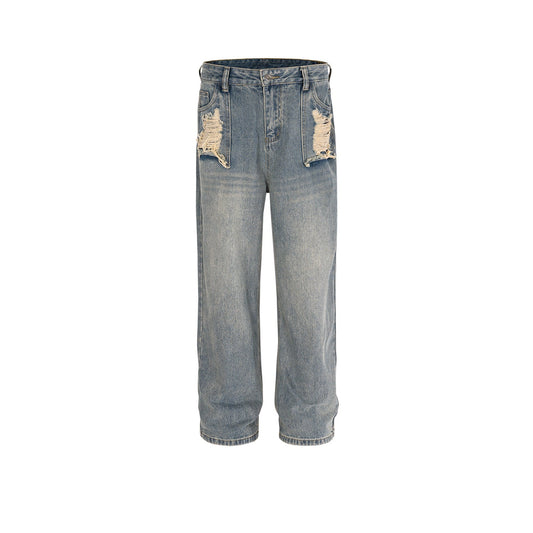 MIJKO Men Vintage Pants MIJKO Washing Water Old Ripped Jeans Tide