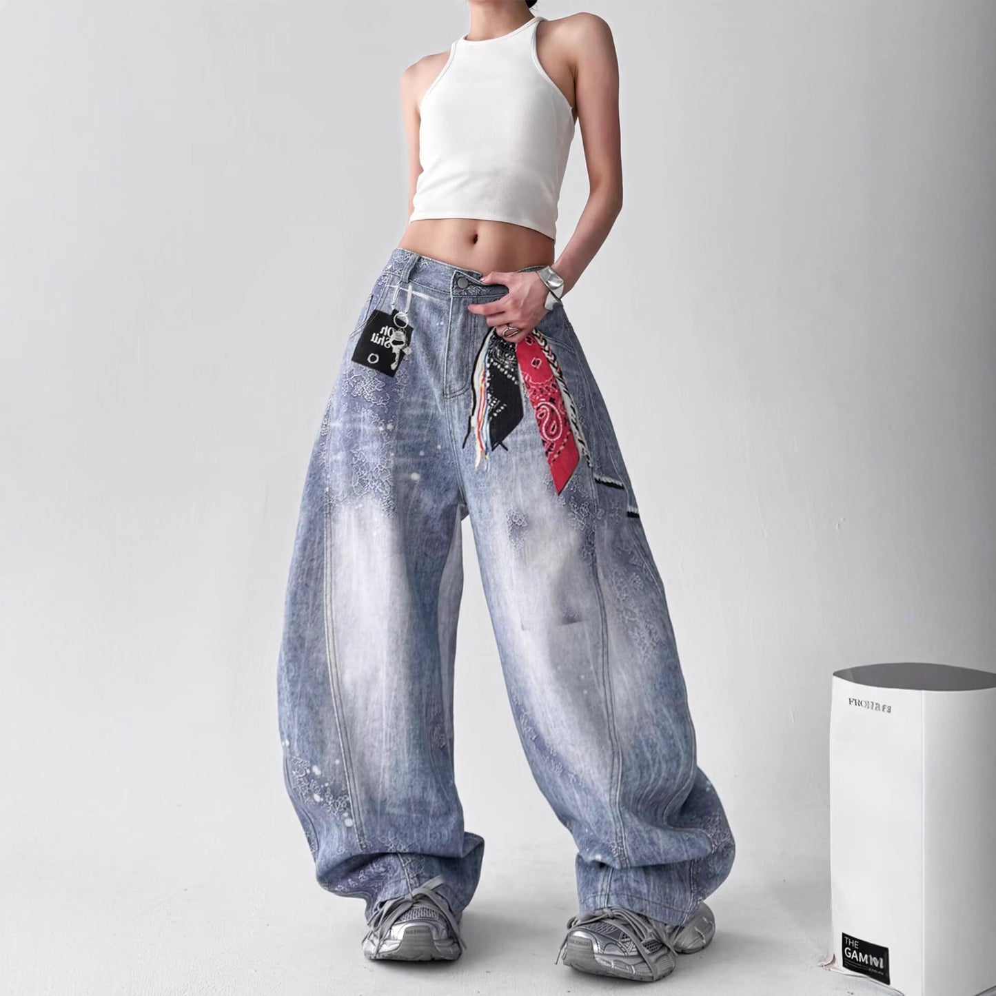 Women jeans retro wash print jeans hip hop slacks