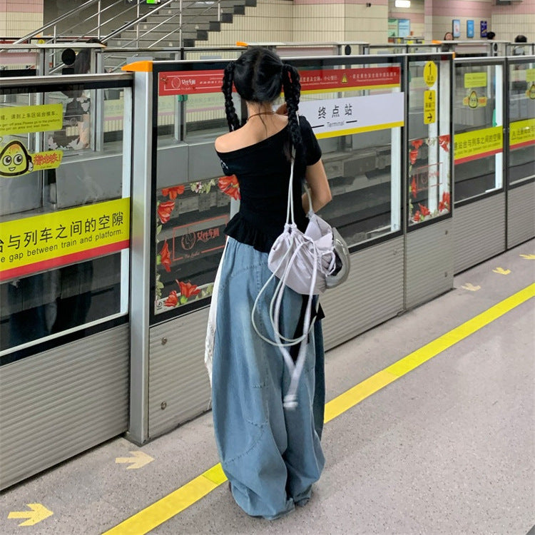 Women jeans [free square scarf pendant] retro summer versatile