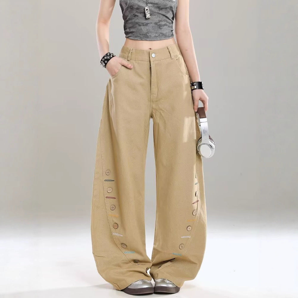 Women jeans retro side button decoration