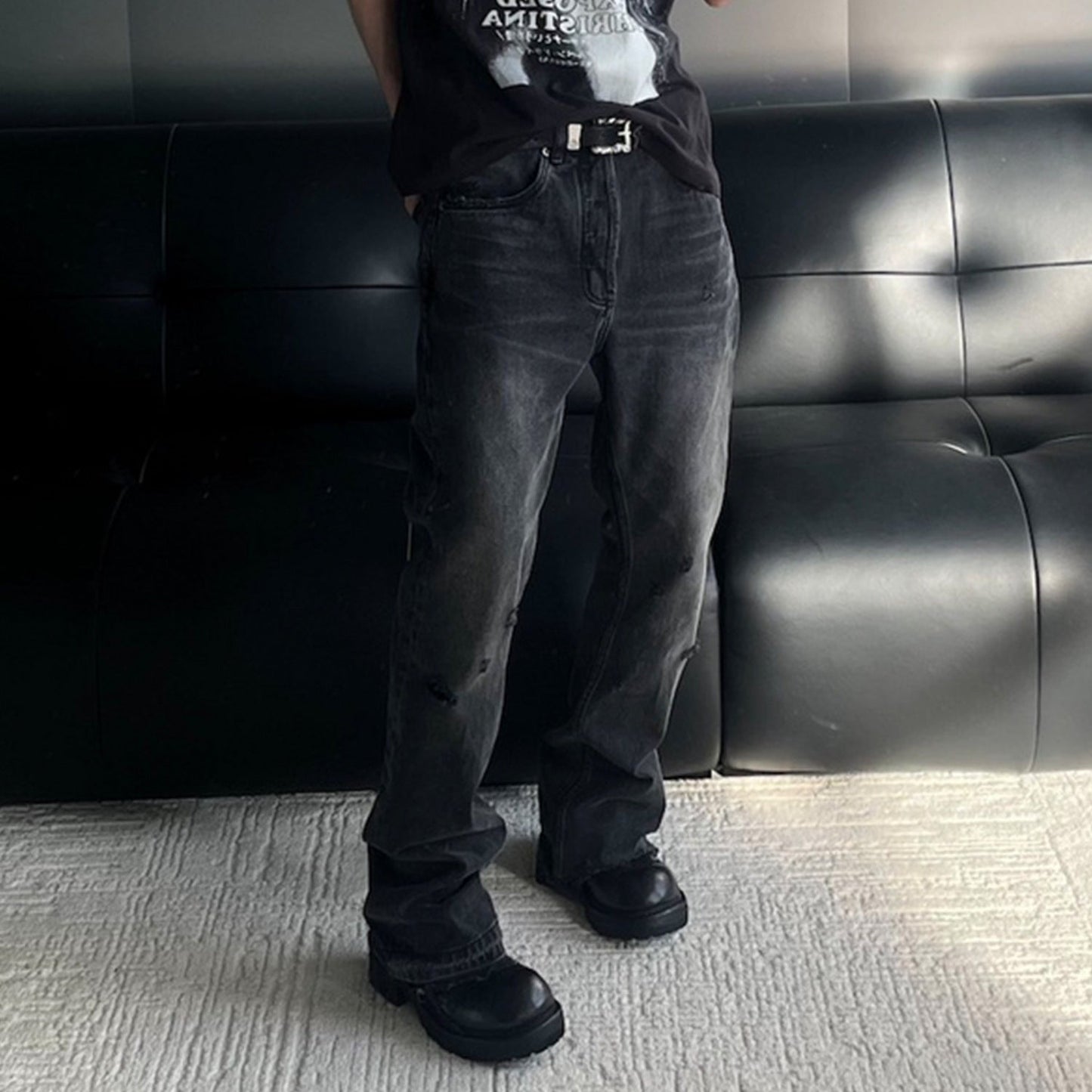 MIJKO Men's Vintage Pants MIJKO Men's Women's Old Pussy Beard Pants Long Pants Slight Pull Jeans