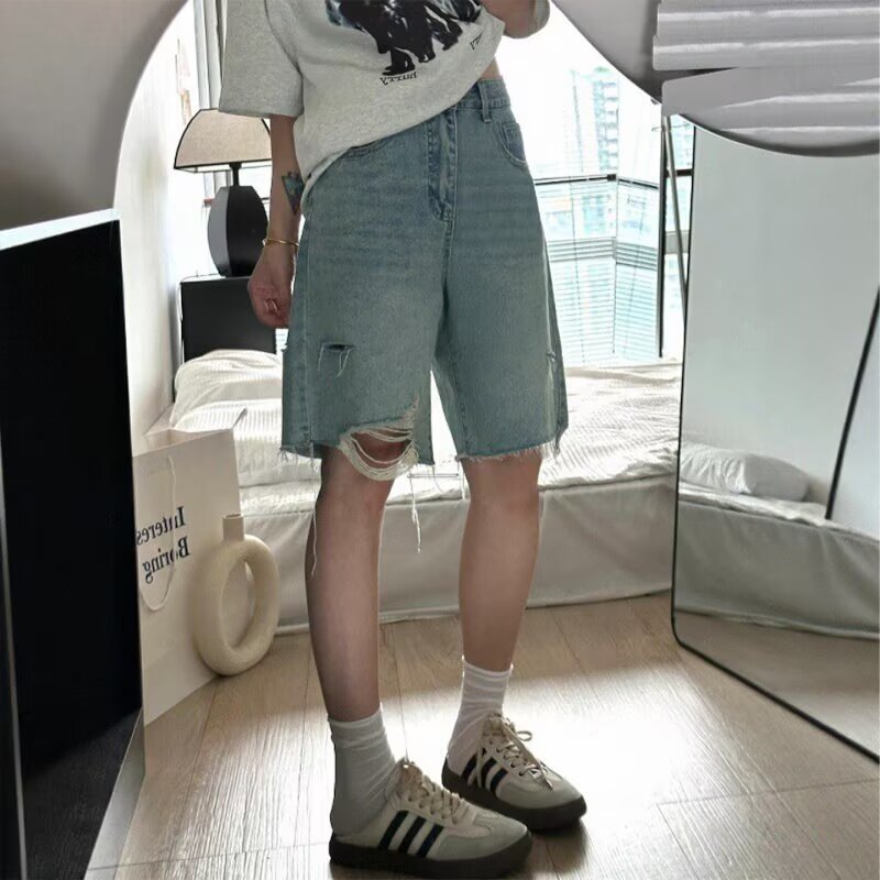 Women jeans retro ripped summerhigh waistloosehalf length pants