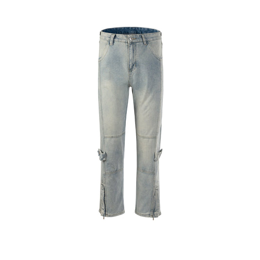 MIJKO Men's Vintage Pants MIJKO Men's Zipper Pants Pants Button Jeans