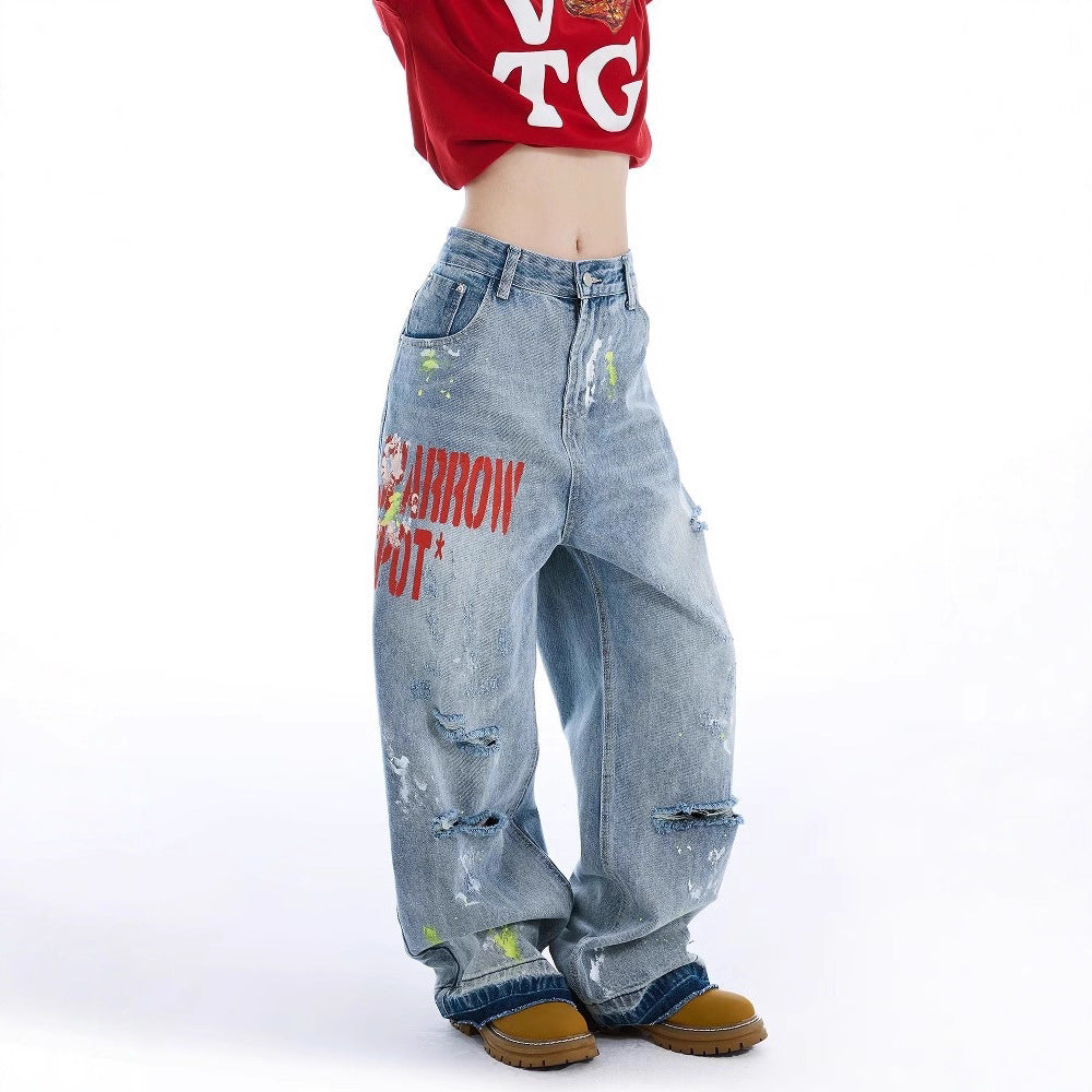Women jeans ripped and splashed ink women's retroloose