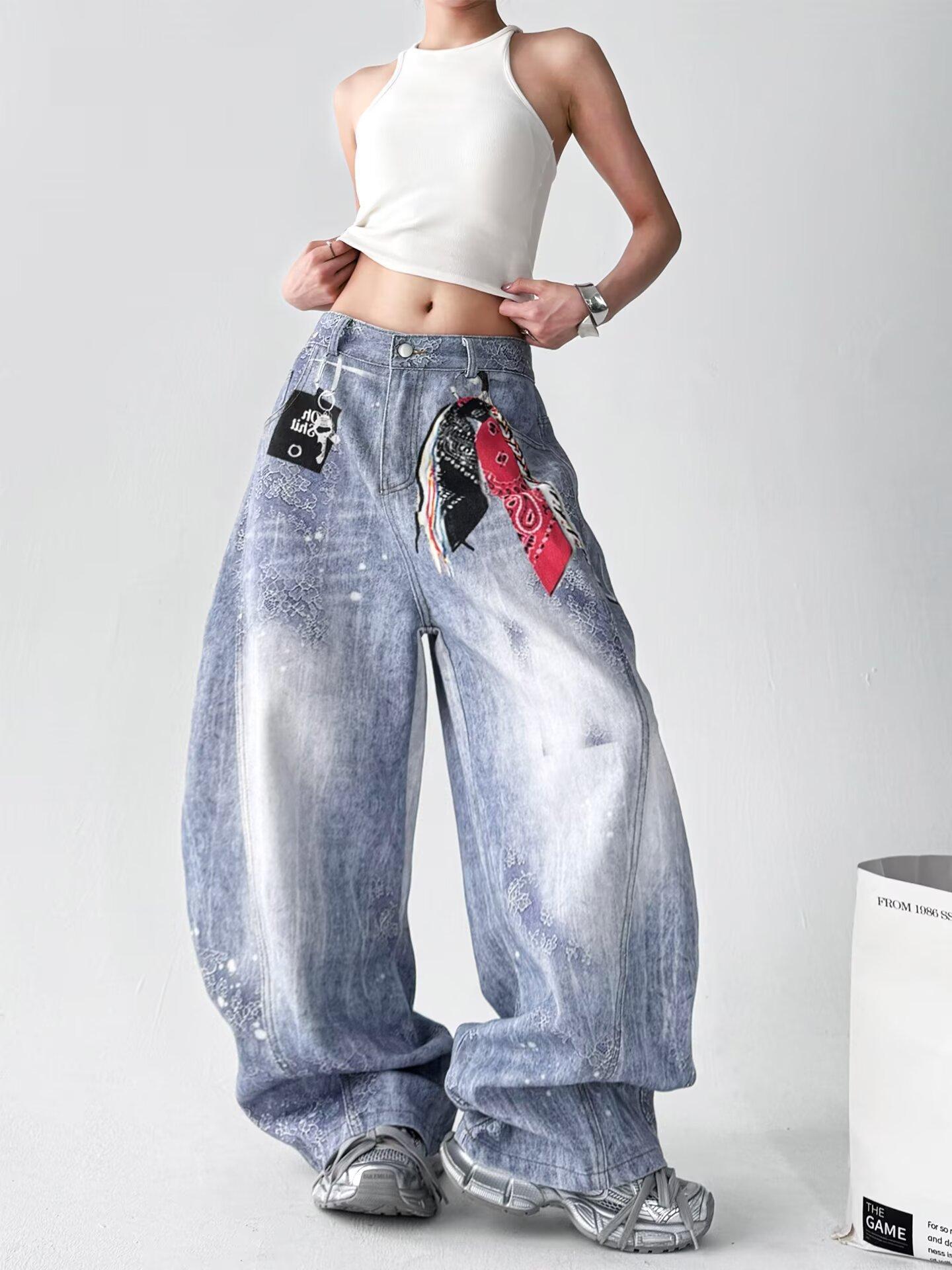 Women jeans retro wash print jeans hip hop slacks