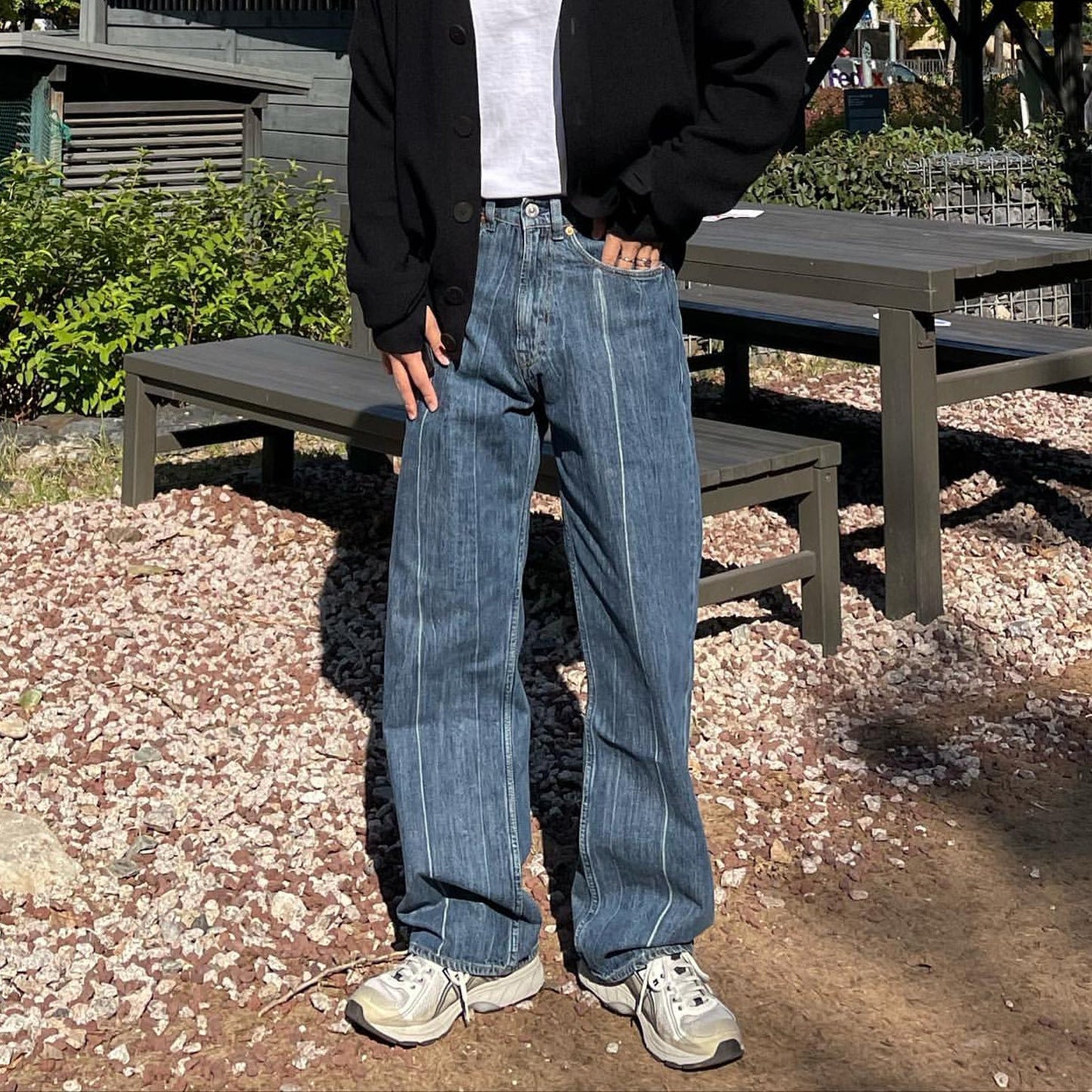 MIJKO Men's Vintage Pants MIJKO Trousers Men's and Women's Straight Washed Blue Old Jeans