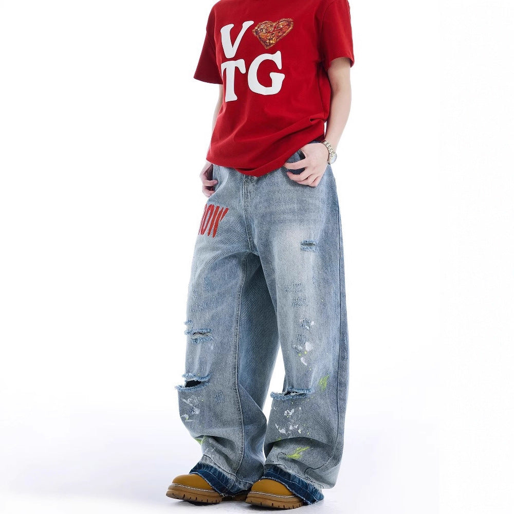 Women jeans ripped and splashed ink women's retroloose