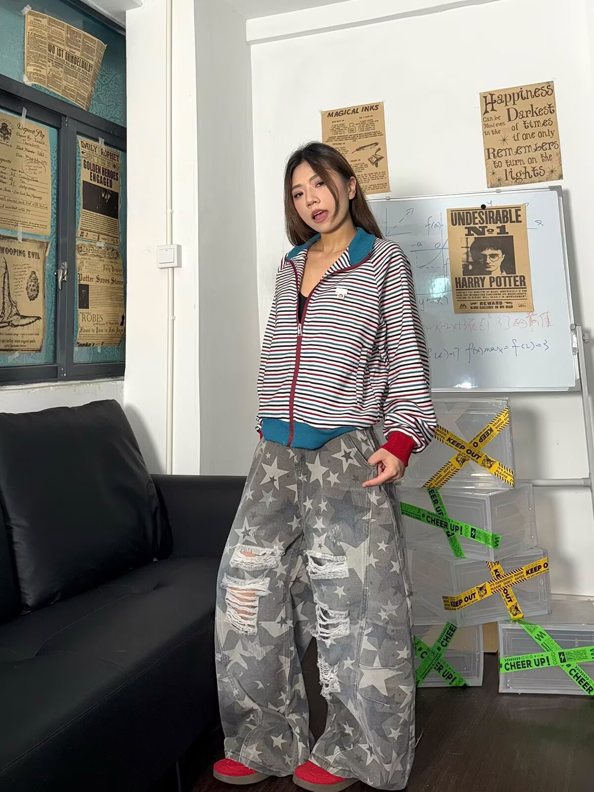 Women jeans hip hop hiphop ripped star print washed jeans