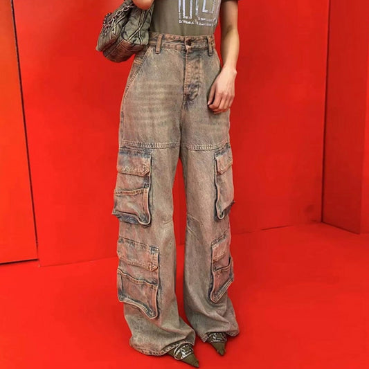 MIJKO Mens Vintage Pants Multi Pocket Make Old Wide Leg Unisex Jeans