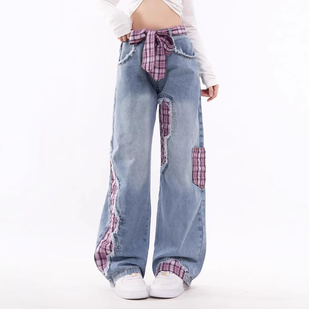 Women jeans women's spring autumlooseplaid patch