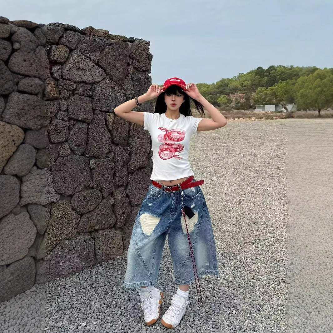 Women's jeans women's summer ripped cropped pants loose