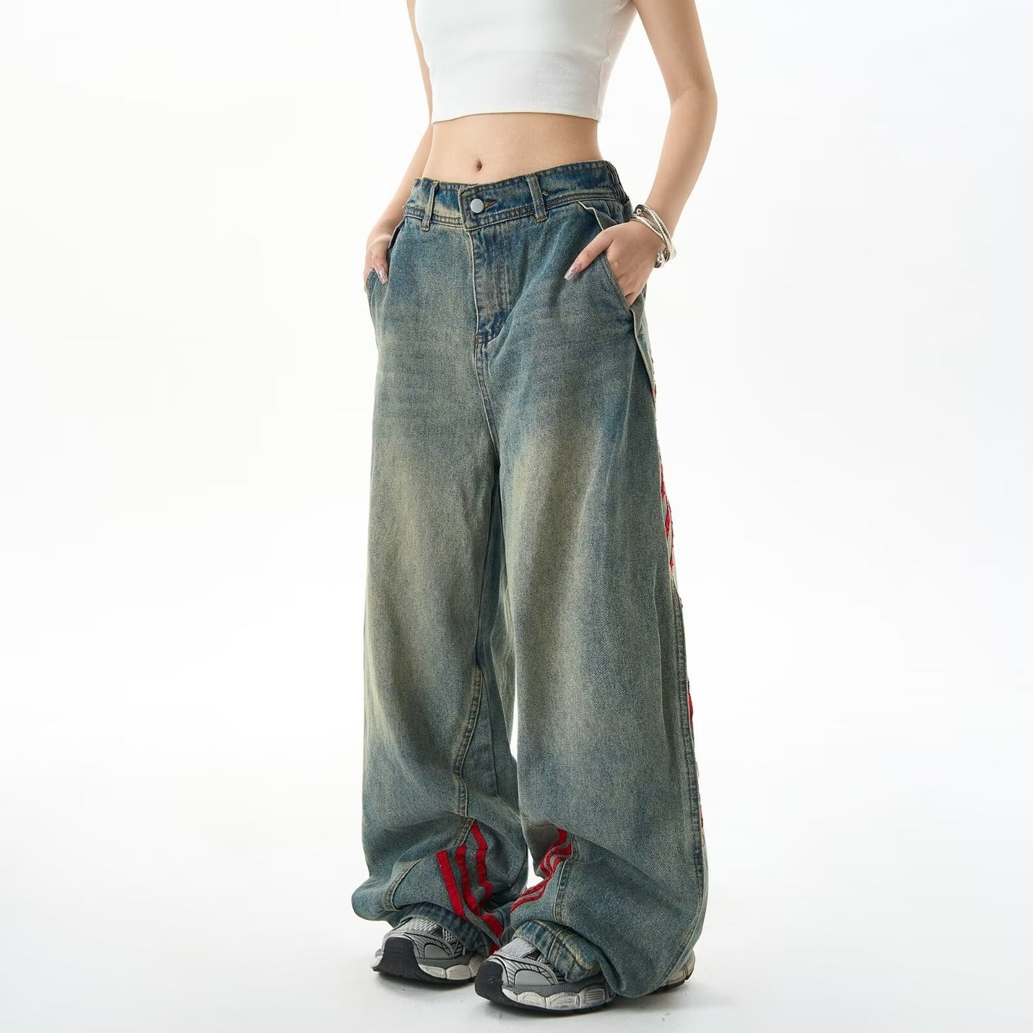 Women jeans retro red stripes women loose