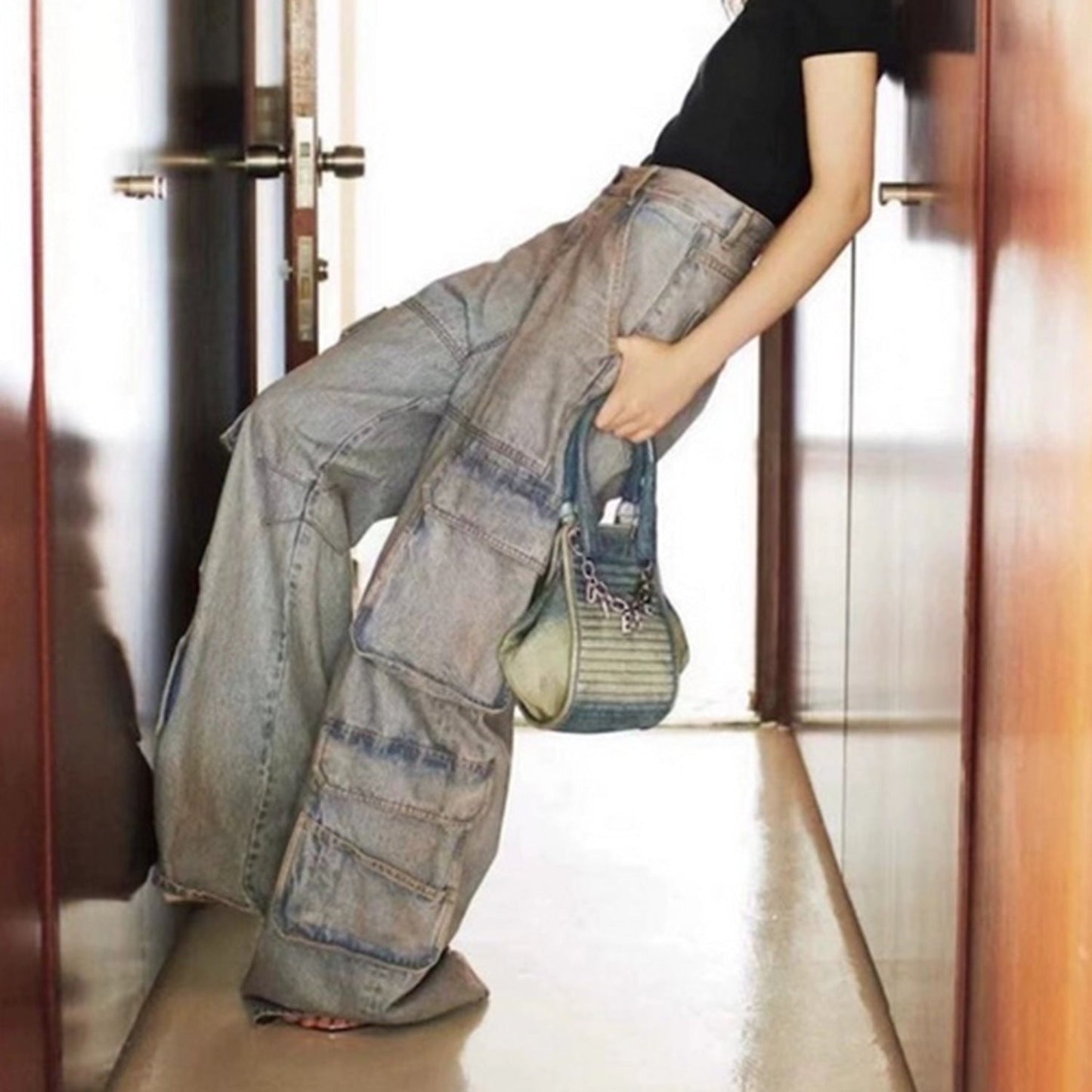 MIJKO Mens Vintage Pants Multi Pocket Make Old Wide Leg Unisex Jeans