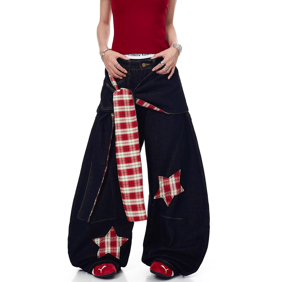 Women jeans retro star plaid