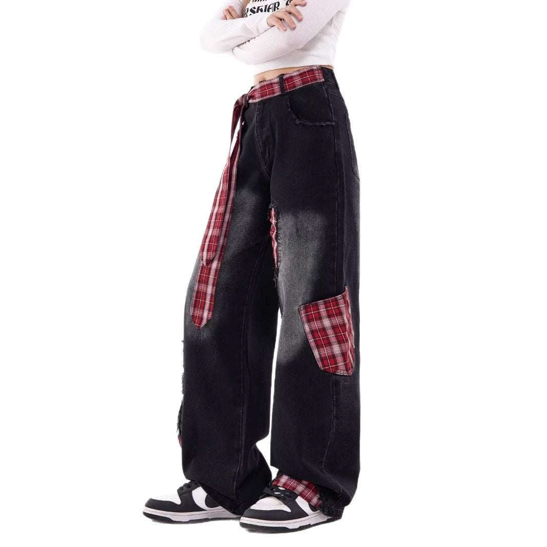 Women jeans women's spring autumlooseplaid patch