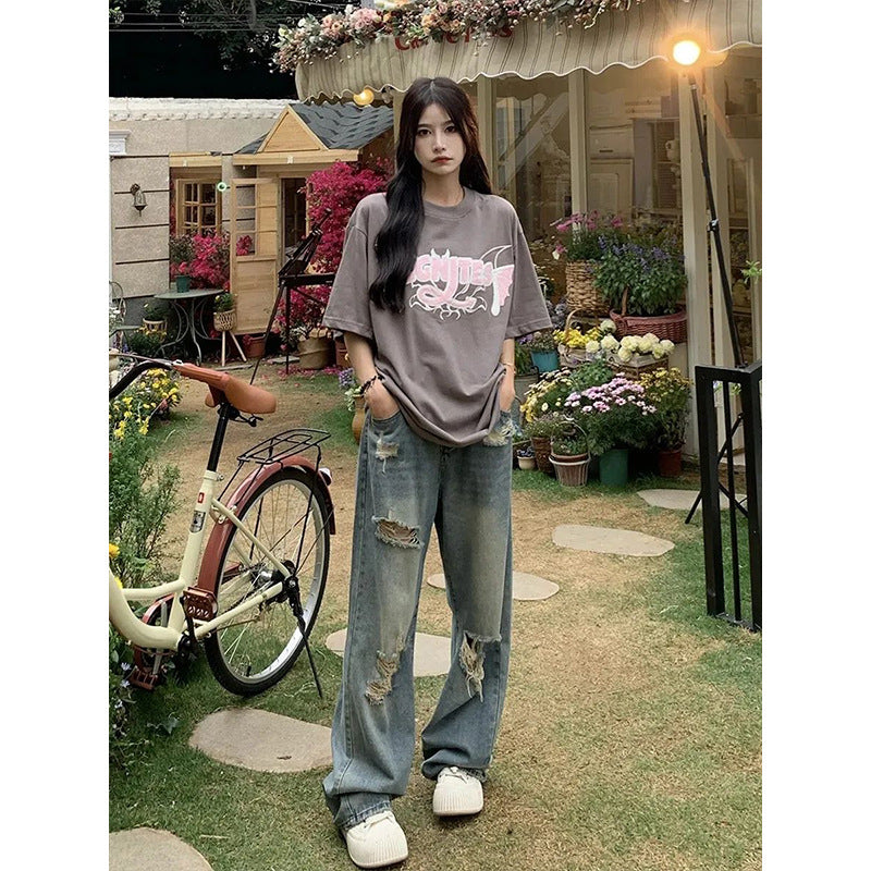 Womens jeans women's summer loose vintage ripped jeans