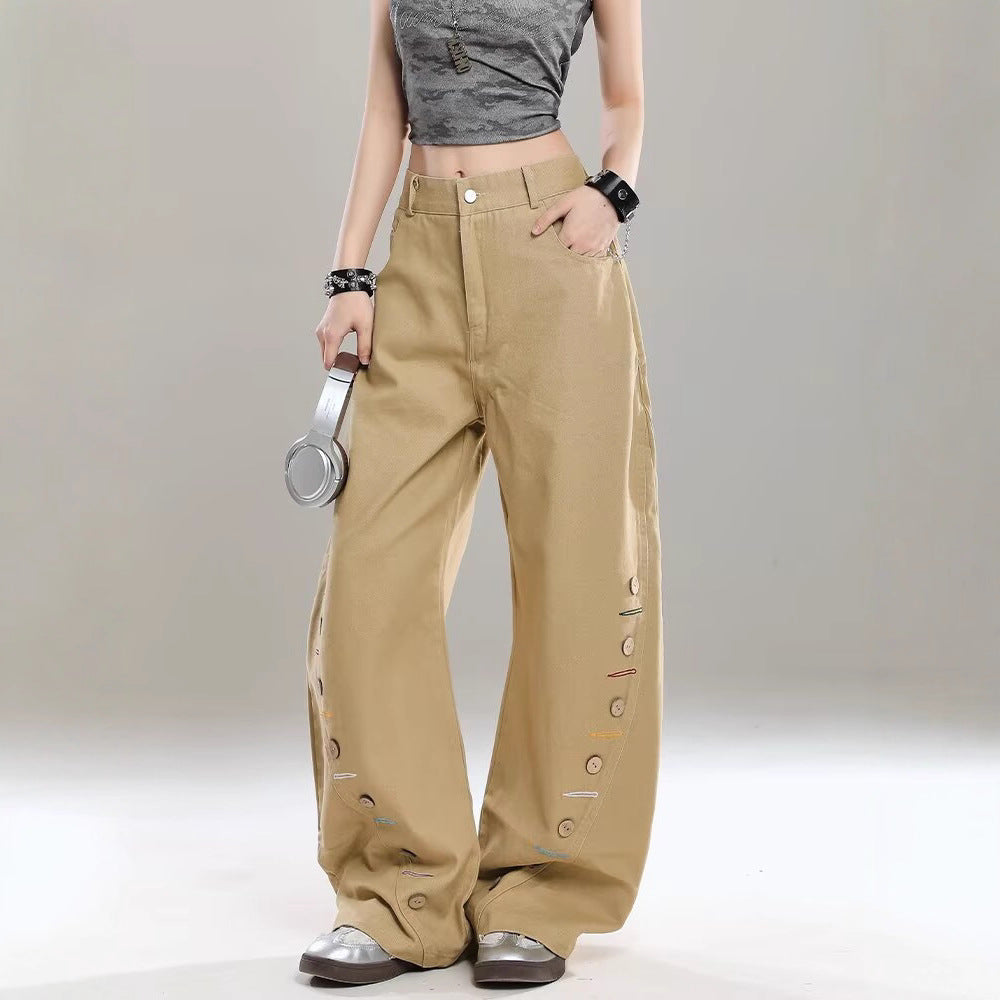 Women jeans retro side button decoration