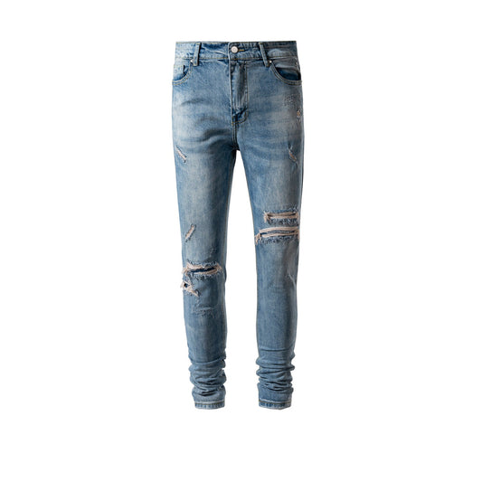 MIJKO Men's Vintage Pants MIJKO Men's Women's Wash Water Old Ripped Pants Slim-Fit Jeans