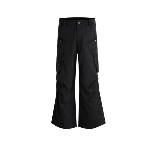 MIJKO Mens Vintage Pants MIJKO Multi-Pocket Trousers Pleated Zipper Flared Wide Feet High Street Casual Pants