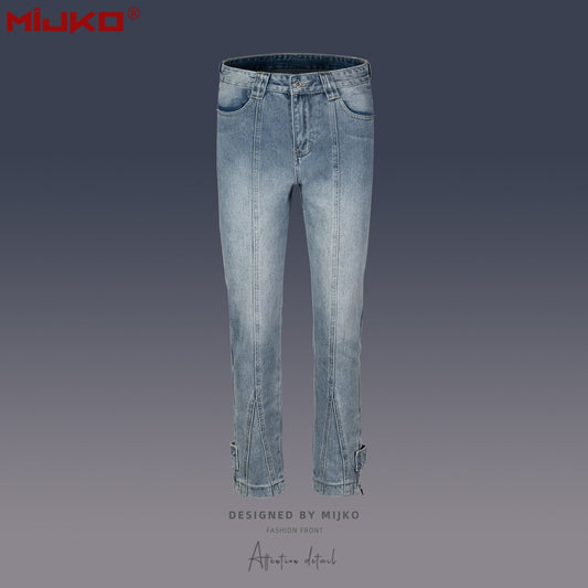 MIJKO Mens Vintage Pants Slim-Fit Zip Wide-Foot Jeans
