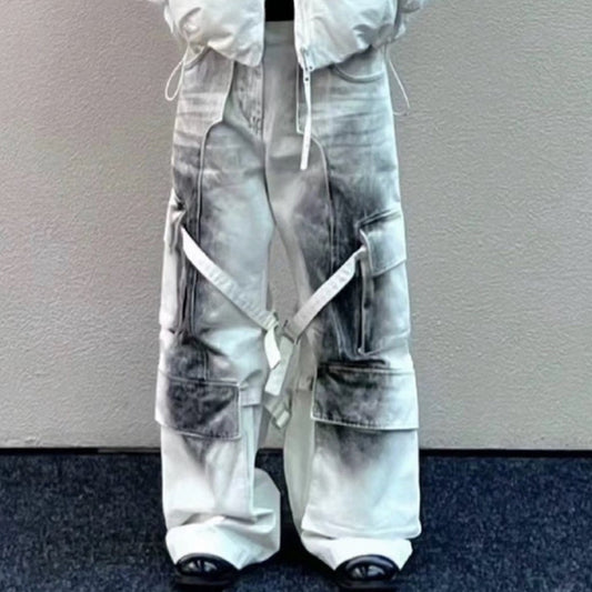 MIJKO Mens Vintage Pants Buckle Trim Loose Old Jeans