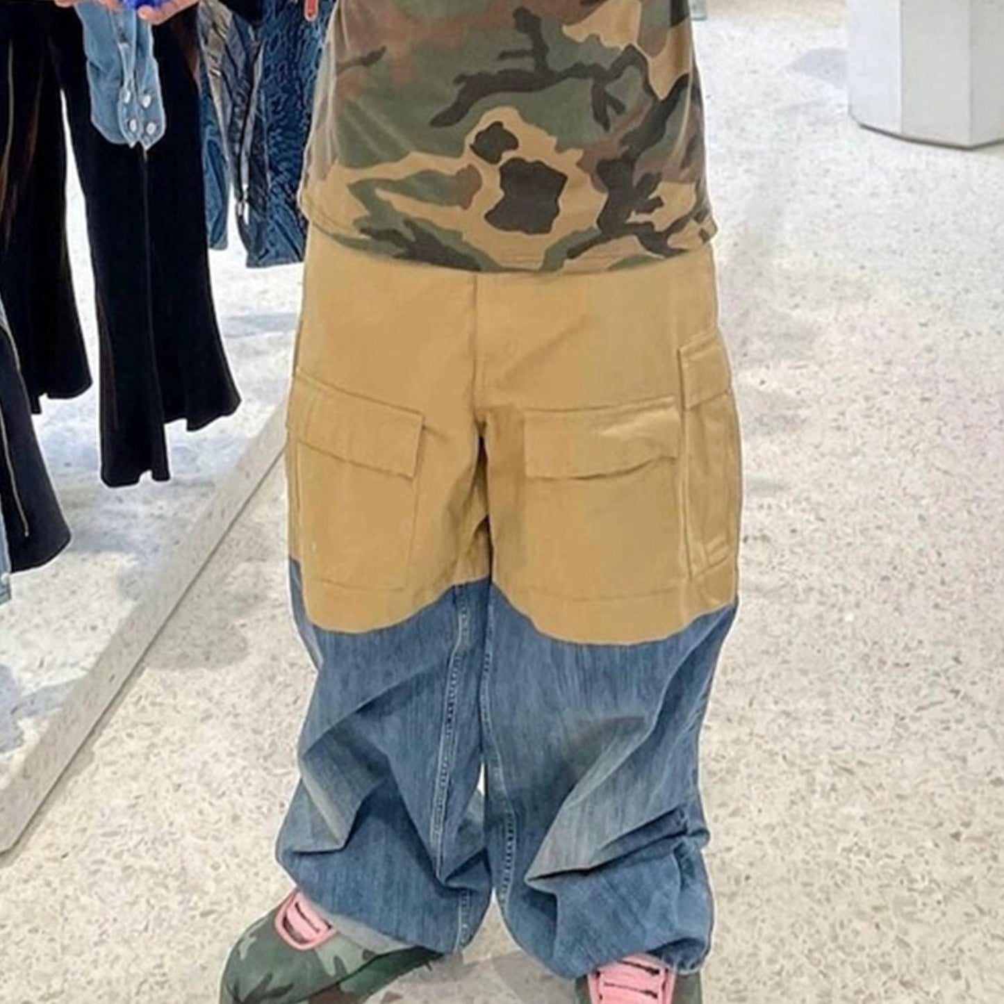 MIJKO Men's Vintage Pants MIJKO Men's Women's Spliced Denim Wide-Leg Overalls Bag Casual Pants