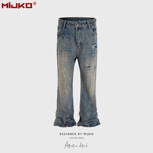 MIJKO Mens Vintage Pants Distressed Blue Bootcut Jeans