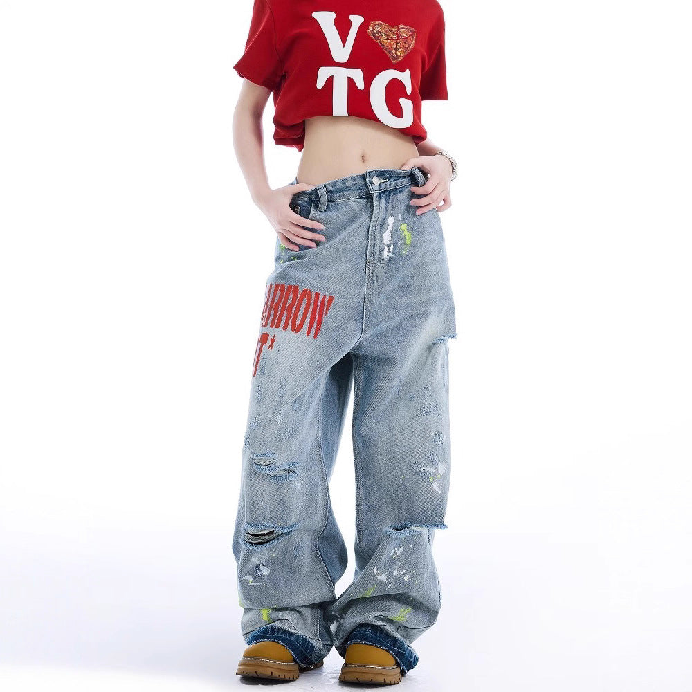 Women jeans ripped and splashed ink women's retroloose