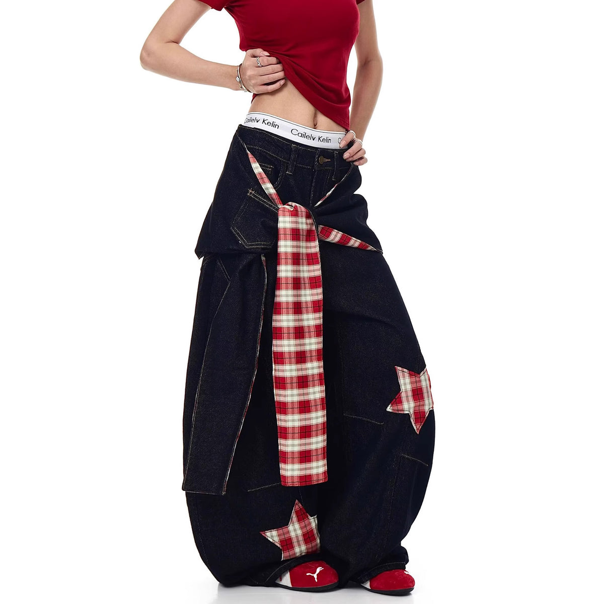 Women jeans retro star plaid