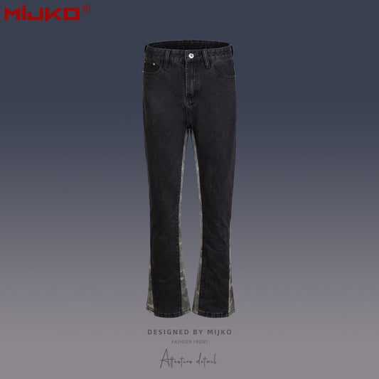 MIJKO Men Vintage Pants Camouflage Splicing Slim-Fit Casual Jeans
