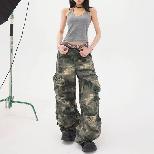 Women jeans retro camouflage loose