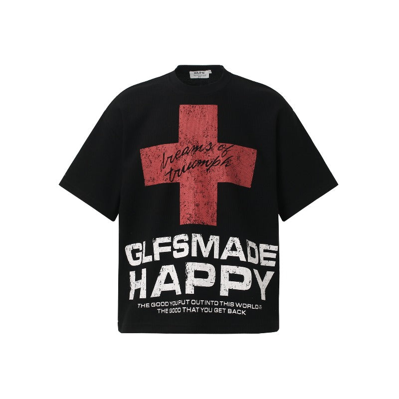 Men t shirt t american retrocouple street trendy waffle grids cross design high street men's loose round neck t-shirt