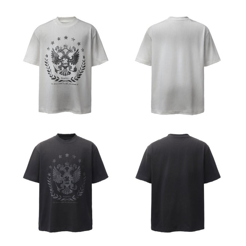 Men's t-shirt - american retro heavyweight double yarn distressed print design, men's high street oversized short sleeve tee