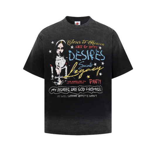 Men's t-shirt - american retro unisex style, washed and distressed print design, crew neck, men's high street slim fit short sleeve tee