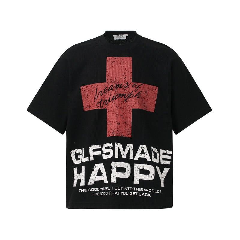 Men t shirt t american retrocouple street trendy waffle grids cross design high street men's loose round neck t-shirt