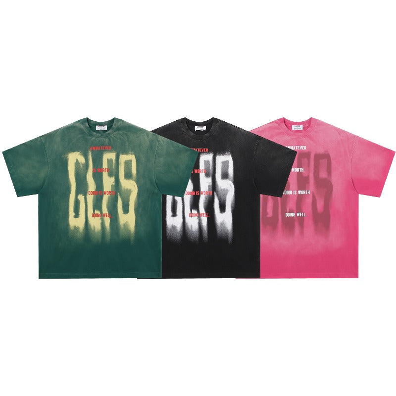 Men t shirt jt american retrocouple street tide washed color letter picture design high street men's loose round neck t-shirt