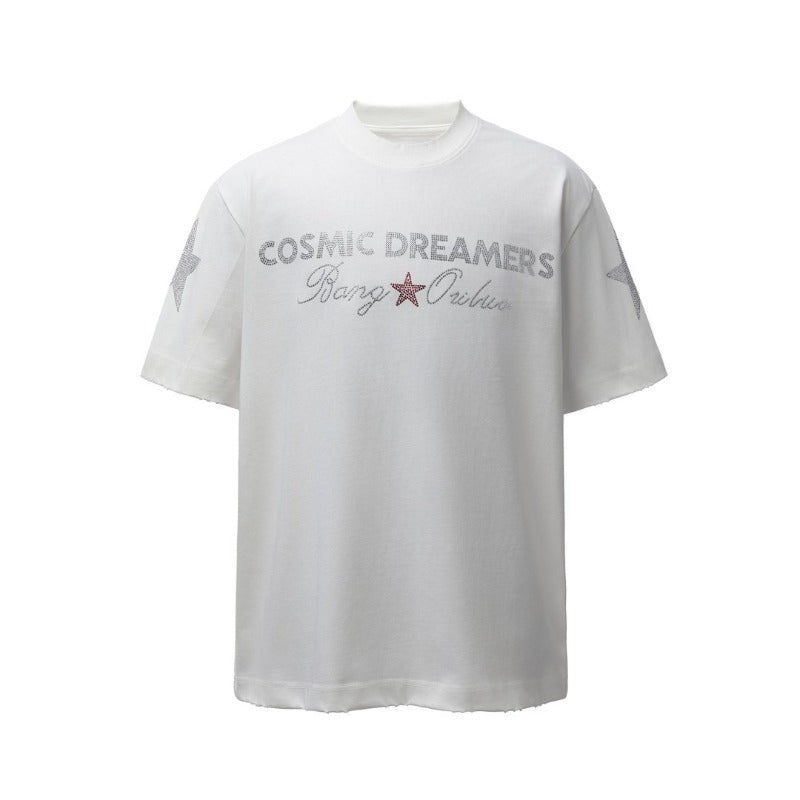 Men's t-shirt - american retro heavyweight double yarn printed hotfix design crew neck high street loose fit short sleeve tee