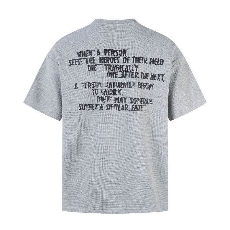 Men's t-shirt: american street style summer waffle knit premium letter print design, men's loose fit zip-up short sleeve tee