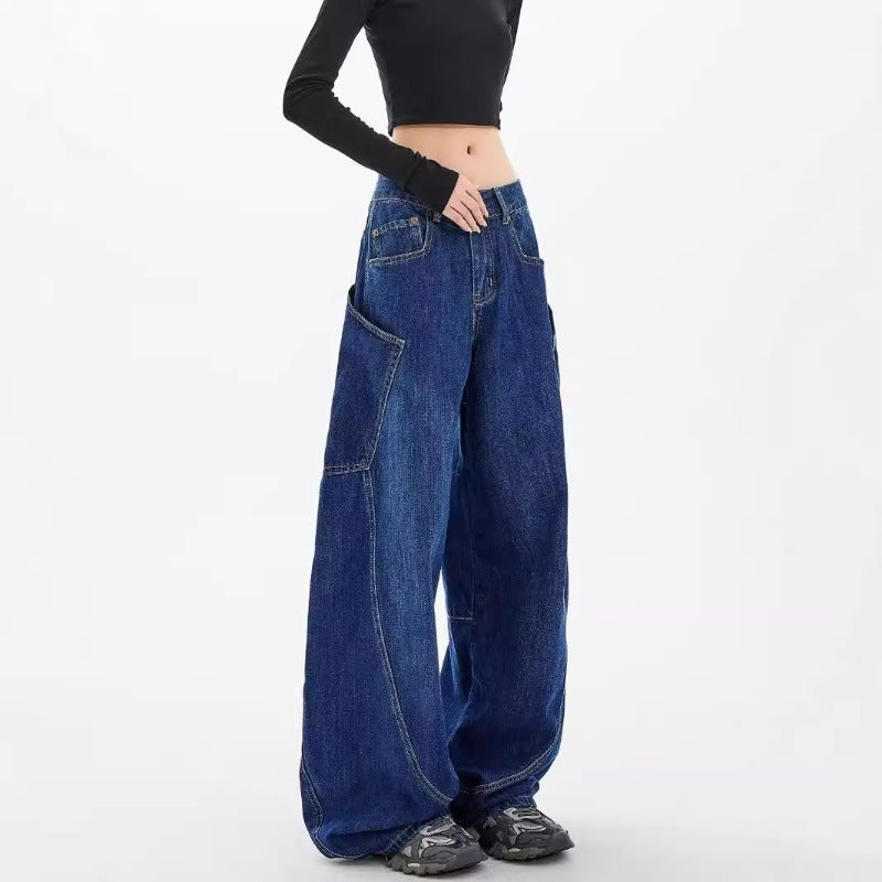 Women's jeans spring and autumn large pocket women's clothing retro floor-mopping wide-leg pants