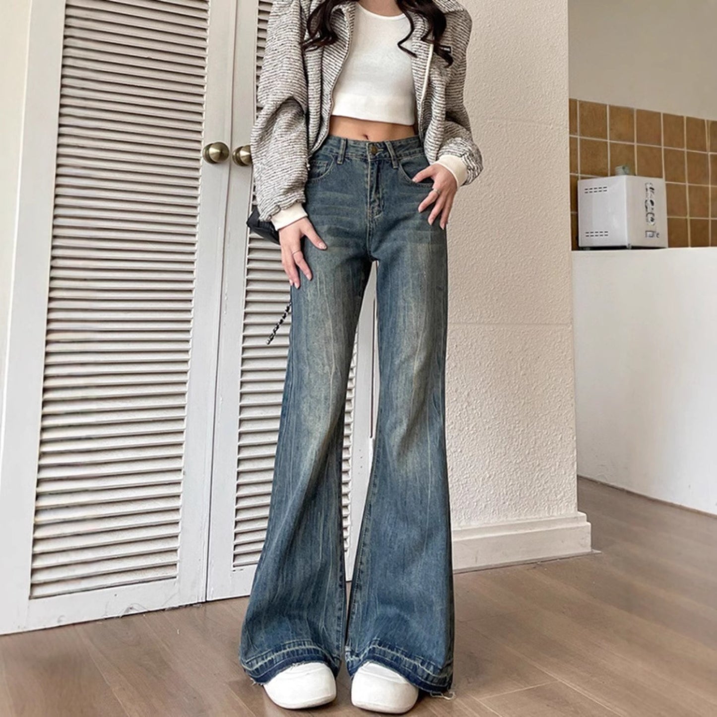 Women jeans retrospring & fallhigh waist slightly flared