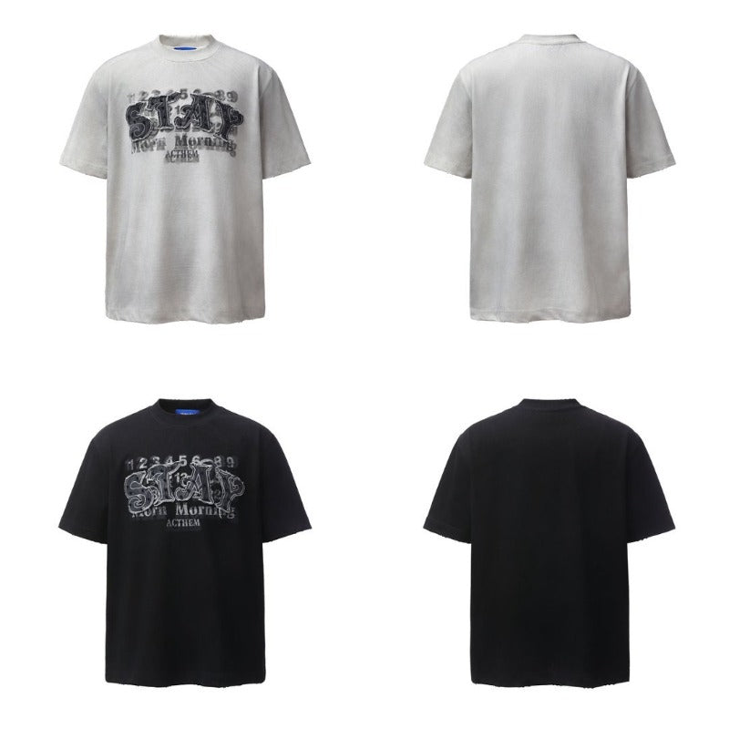 Men's t-shirt: american retro heavyweight double yarn high-quality spray-dyed appliqué embroidery design, men's loose-fit short-sleeve t-shirt